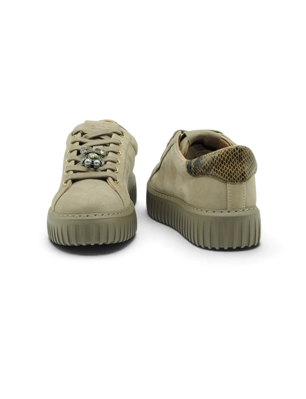 Beige suede stokton sneaker kid nocciola con plateau e tallone in pelle effetto pitone e occhielli metallici