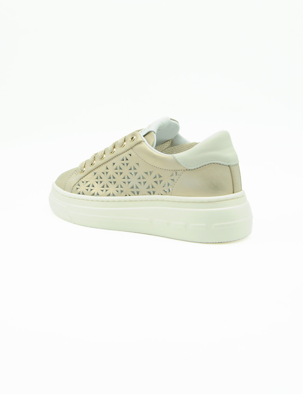 Sneaker Stokton Platino in pelle beige con tagli geometrici laterali e suola bianca spessa