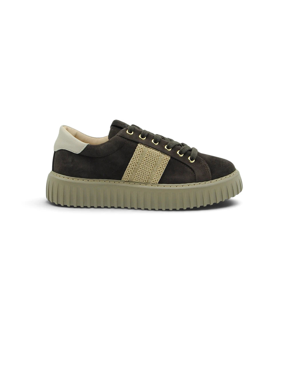 Sneaker stokton kid in suede marrone scuro con pannello oro testurizzato e suola in gomma verde oliva