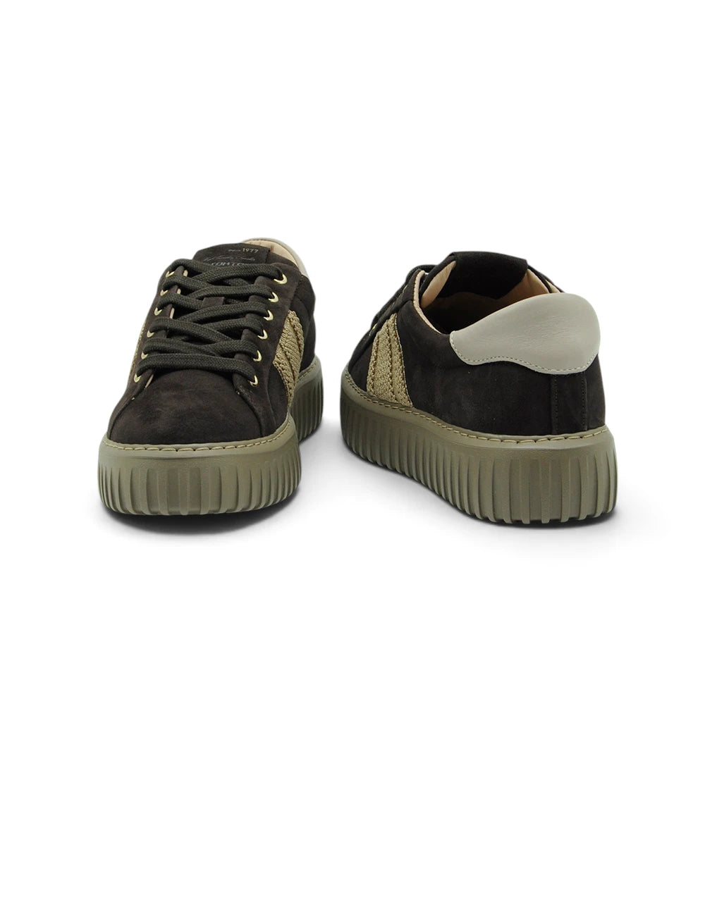 Stokton sneaker kid suede dark brown sneakers in black suede with olive green soles and textured beige side panel
