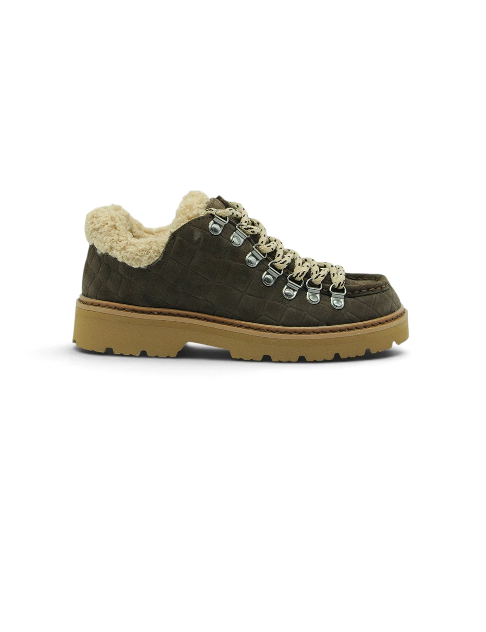 Dark olive green suede Stokton Stringata dark brown boot with quilted texture cream shearling lining and silver eyelets