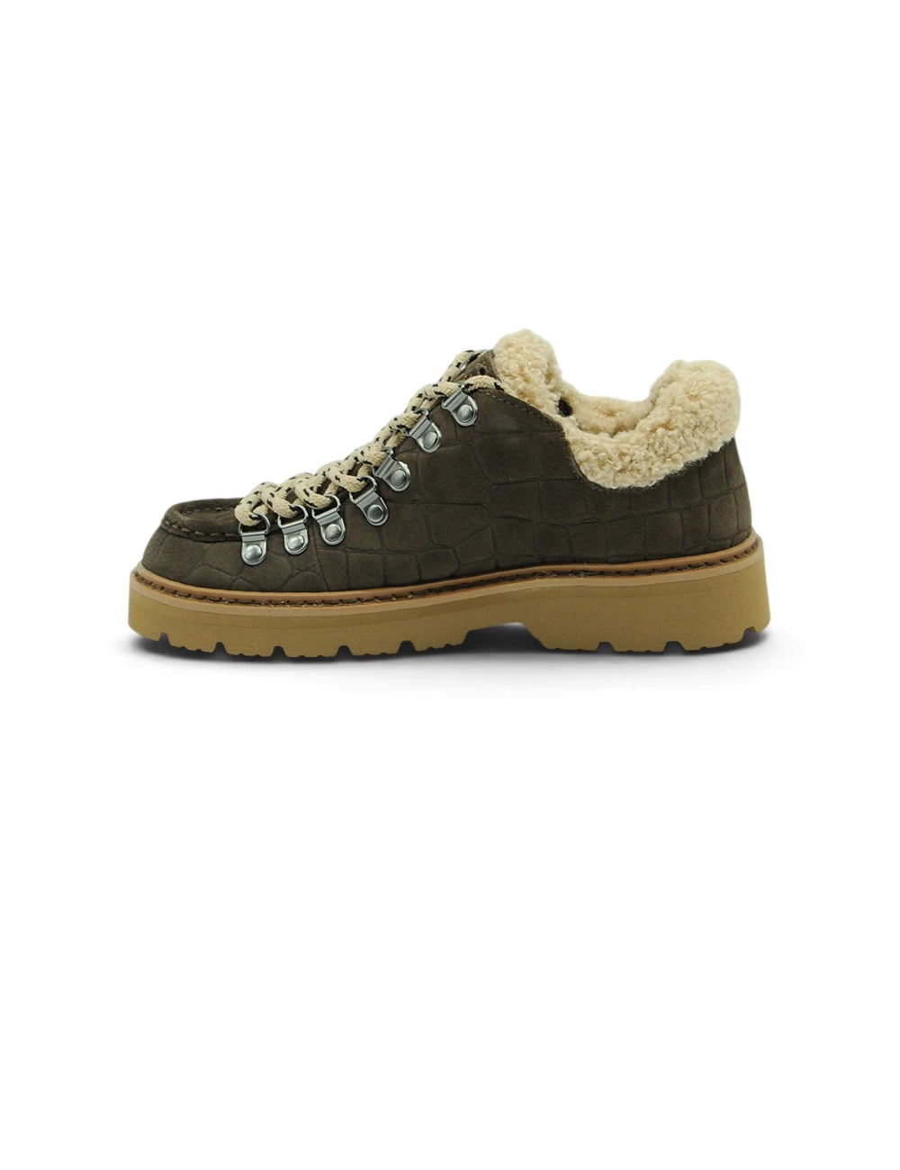 Olive green croc embossed suede stokton stringata dark brown boot with cream shearling lining and tan rubber sole