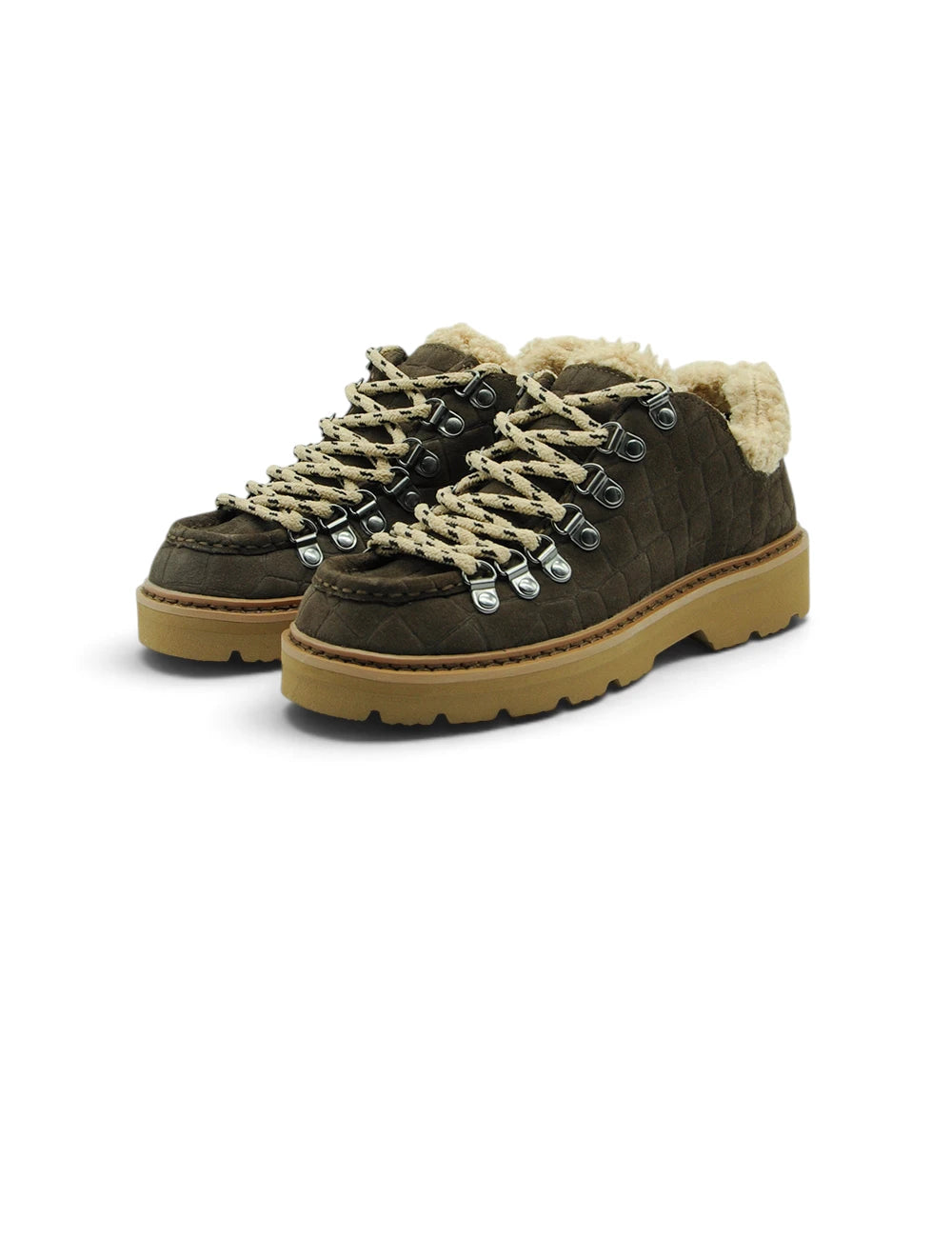 Stivali stokton stringata dark brown in camoscio verde oliva con lacci crema e fodera in shearling beige morbido