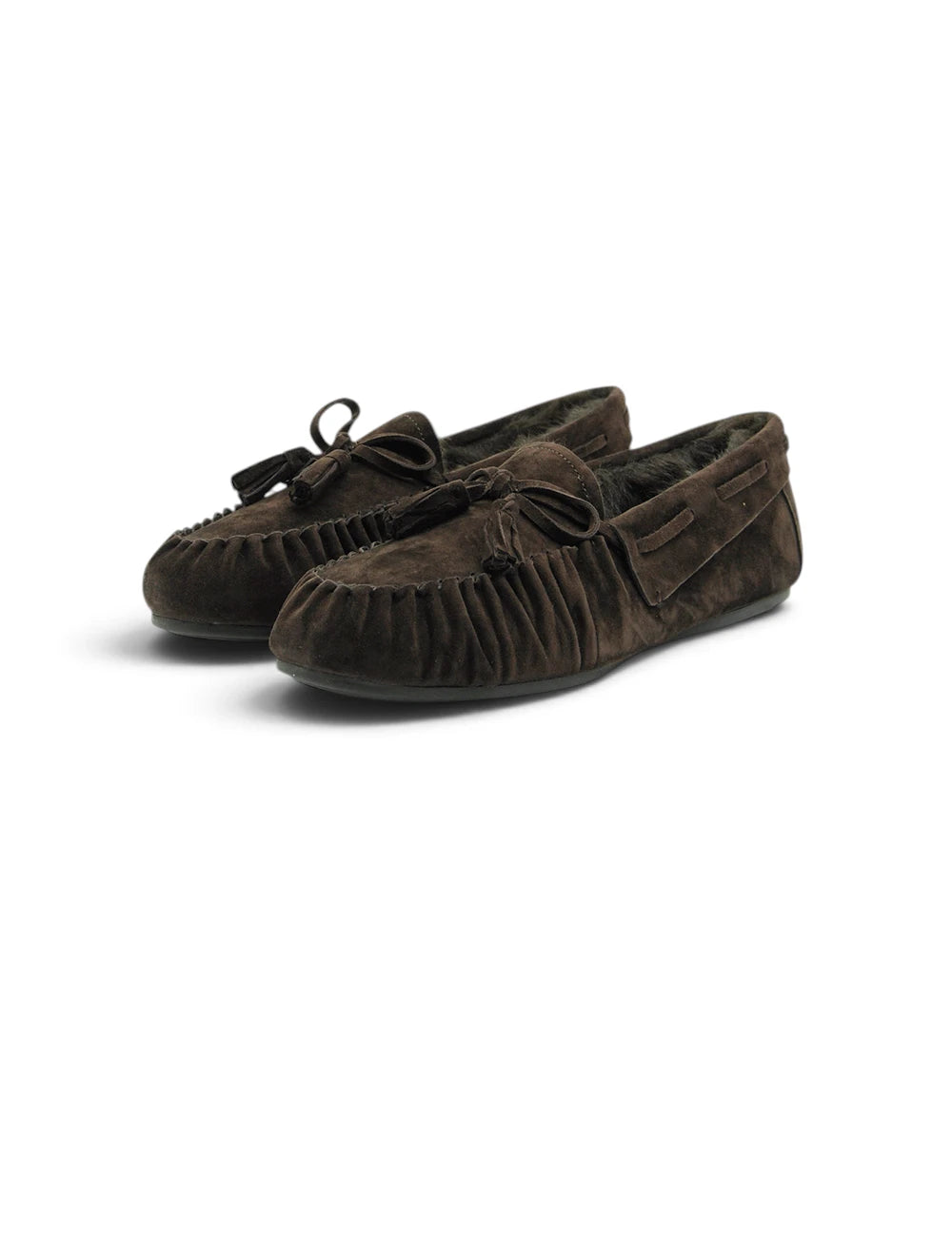 Brown suede mocassino rosalia testa moro con interni morbidi e nappine decorative tassel