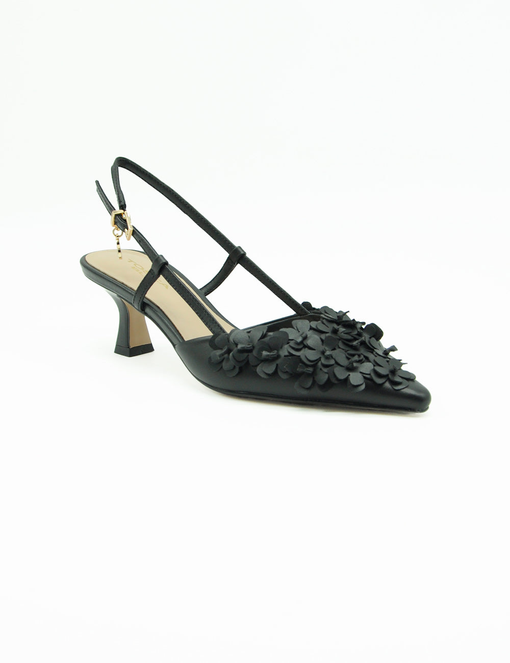 Tosca Blu Chanel Slingback Nera: slingback pump nera in pelle con appliqué floreale al tallone