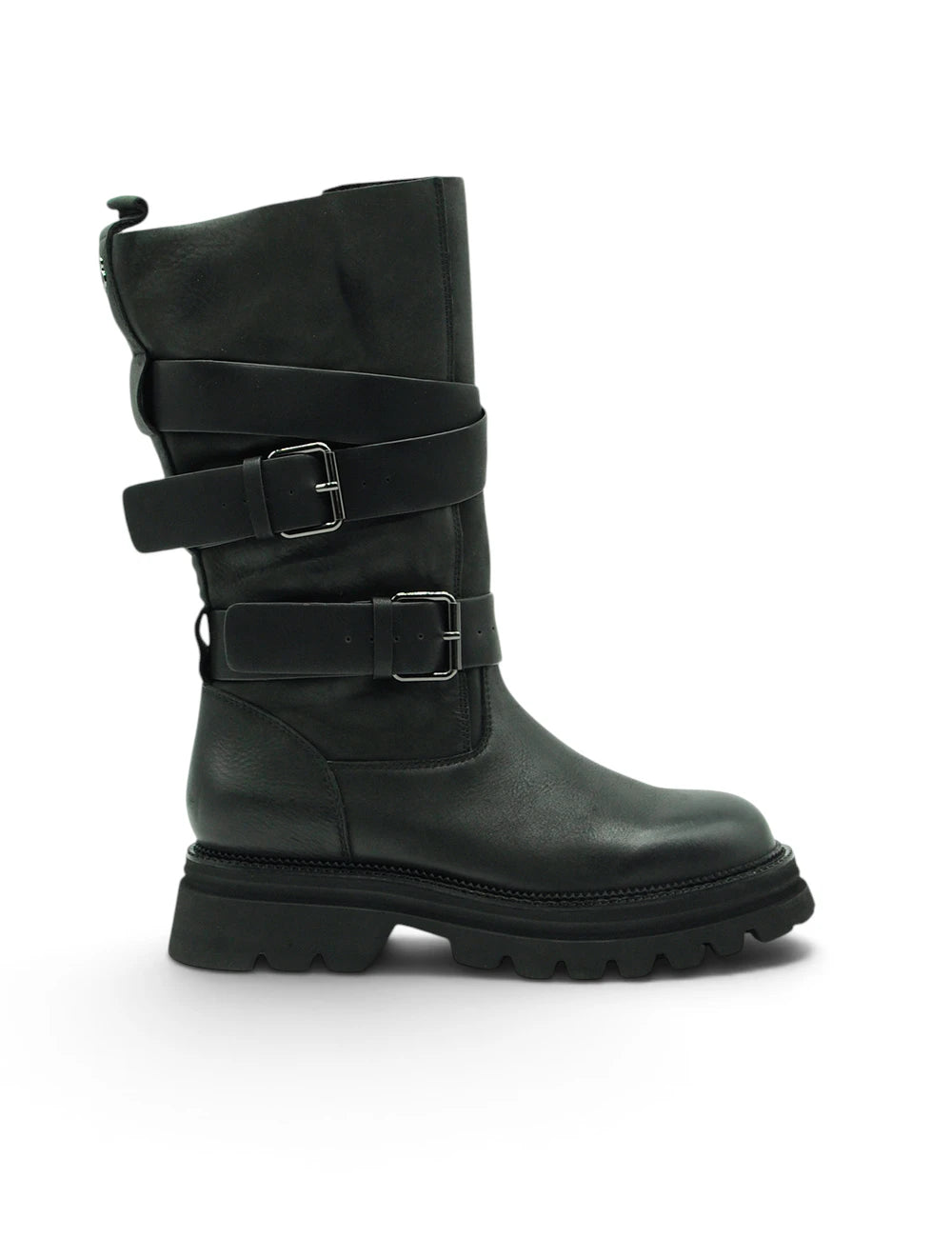 Tosca blu stivale mary nero in pelle nera con fibbie argento e suola chunky per un look combat robusto