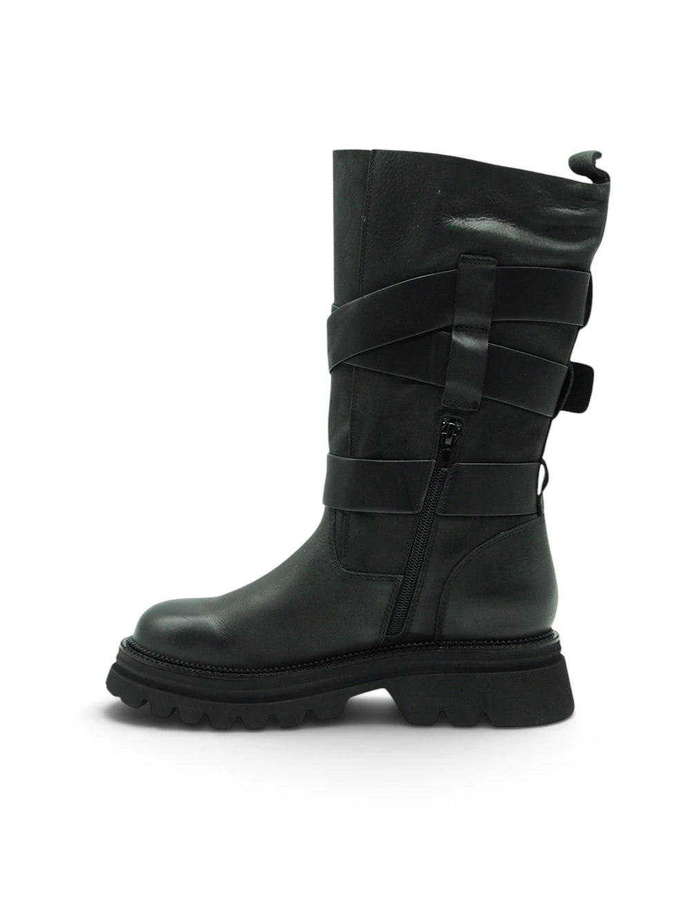 Tosca blu stivale mary nero in pelle nera con suola chunky e molteplici cinturini decorativi