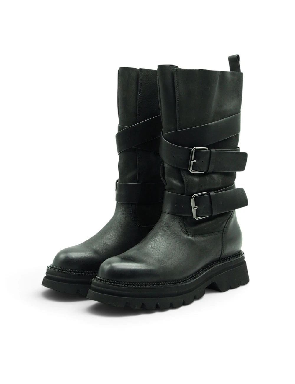 Tosca blu stivale mary nero in pelle nera con fibbie argentate multiple e suola in gomma chunky