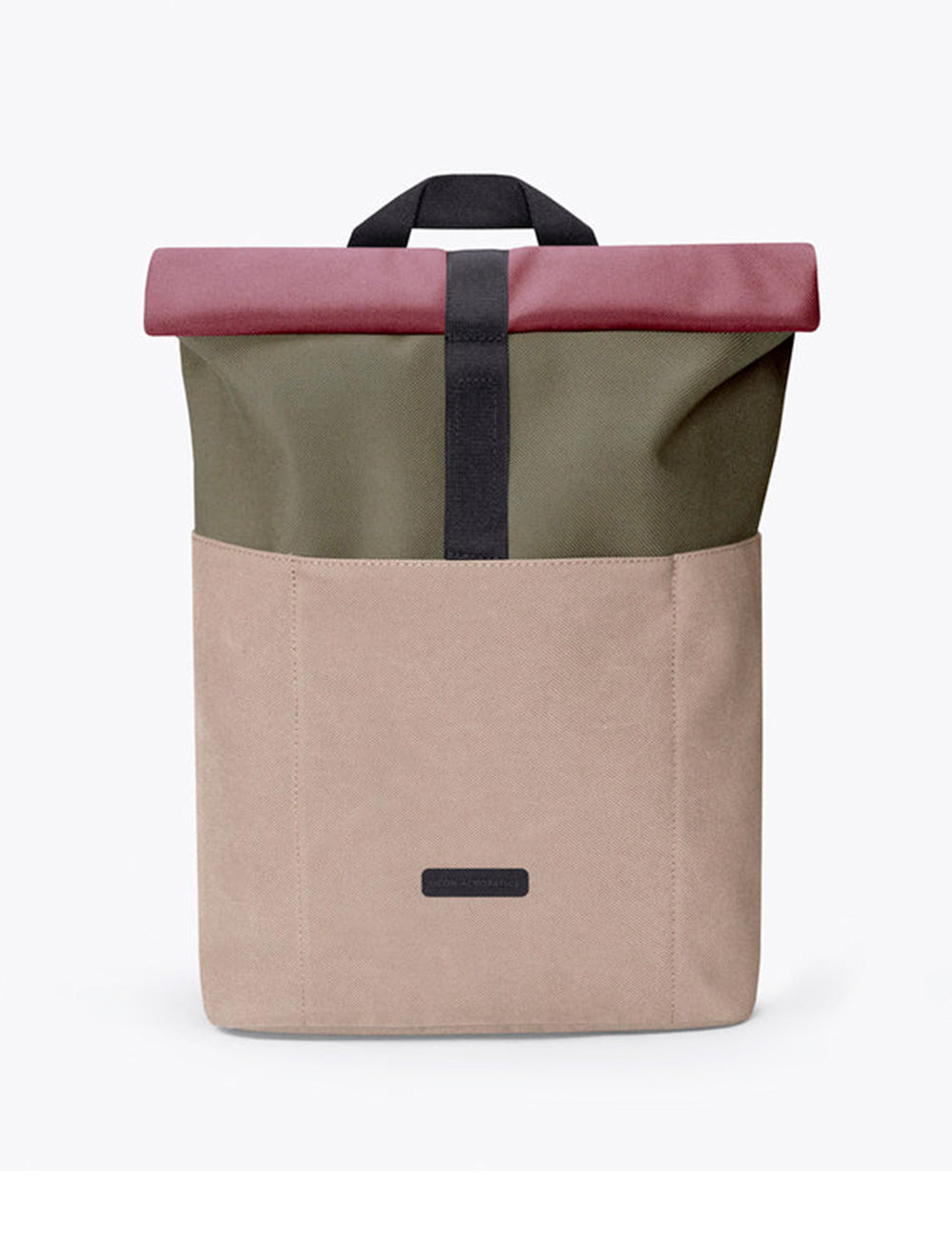 Zaino roll-top minimalista ucon acrobatics hajo olive dark sand con parte superiore verde oliva, pannello beige e patta rosa polvere