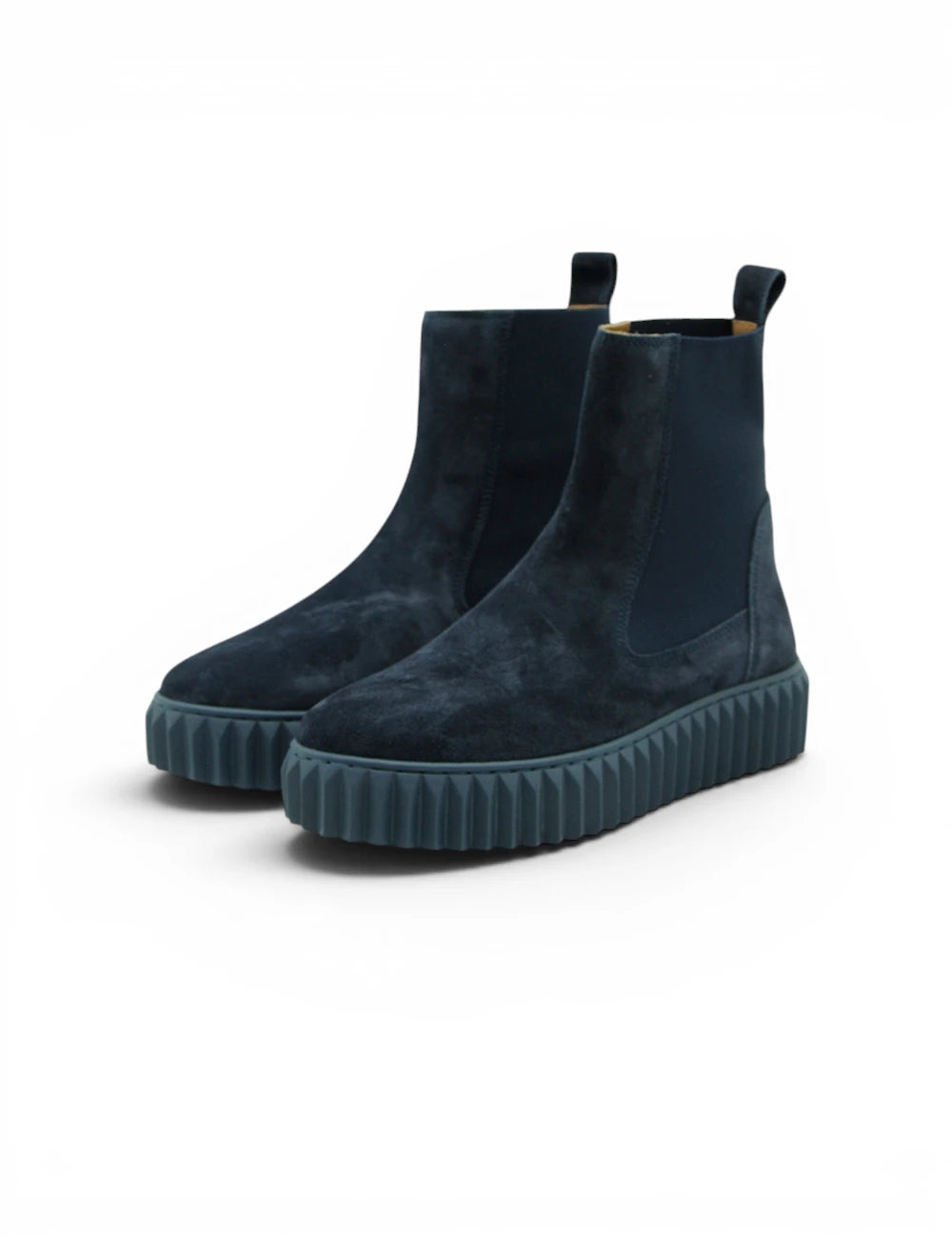 Dark blue suede Voile Blanche Chelsea Beth blue boots with textured ribbed rubber sole visible from the back side