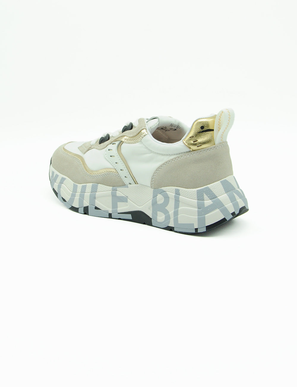 Sneakers Voile Blanche Club105 bianche e platino con tacco oro e suola grigia