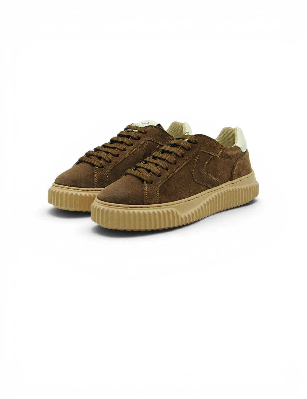 Voile blanche lipari choco off white sneakers basse in suede marrone con suola in gomma color cuoio e linguetta crema