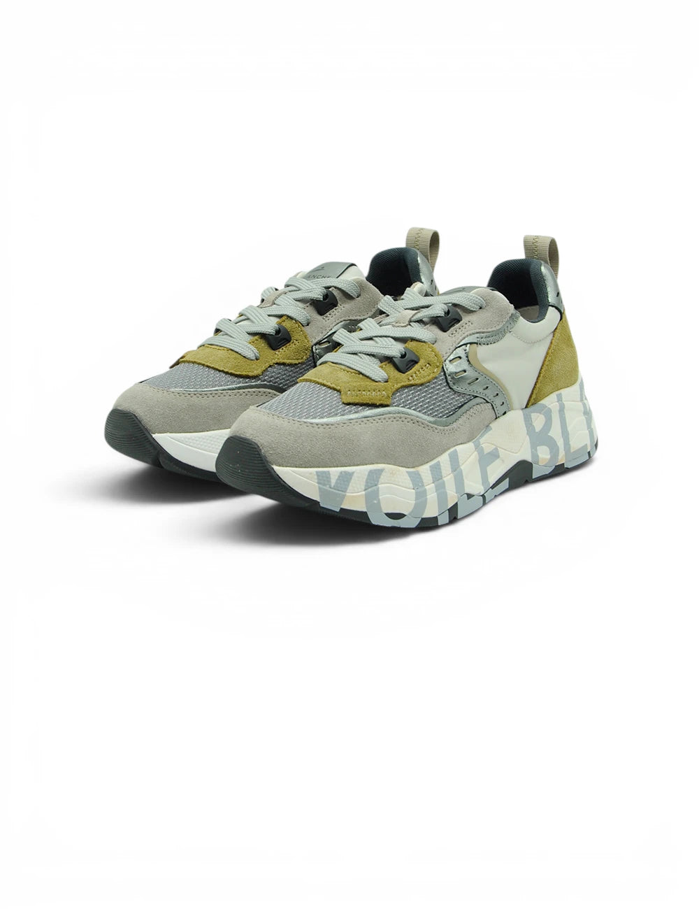 Sneakers voilé blanche club105 grey stone grigie e verde oliva con tomaia in mesh e suede e scritta voile bl sul lato
