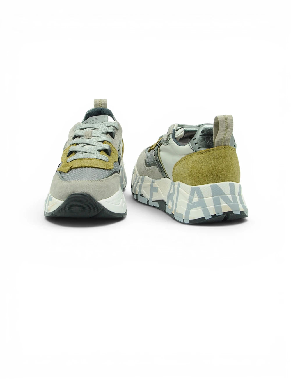 Sneakers voile blanche club105 in grigio pietra con suola chunky oliva e grigia con scritte bold