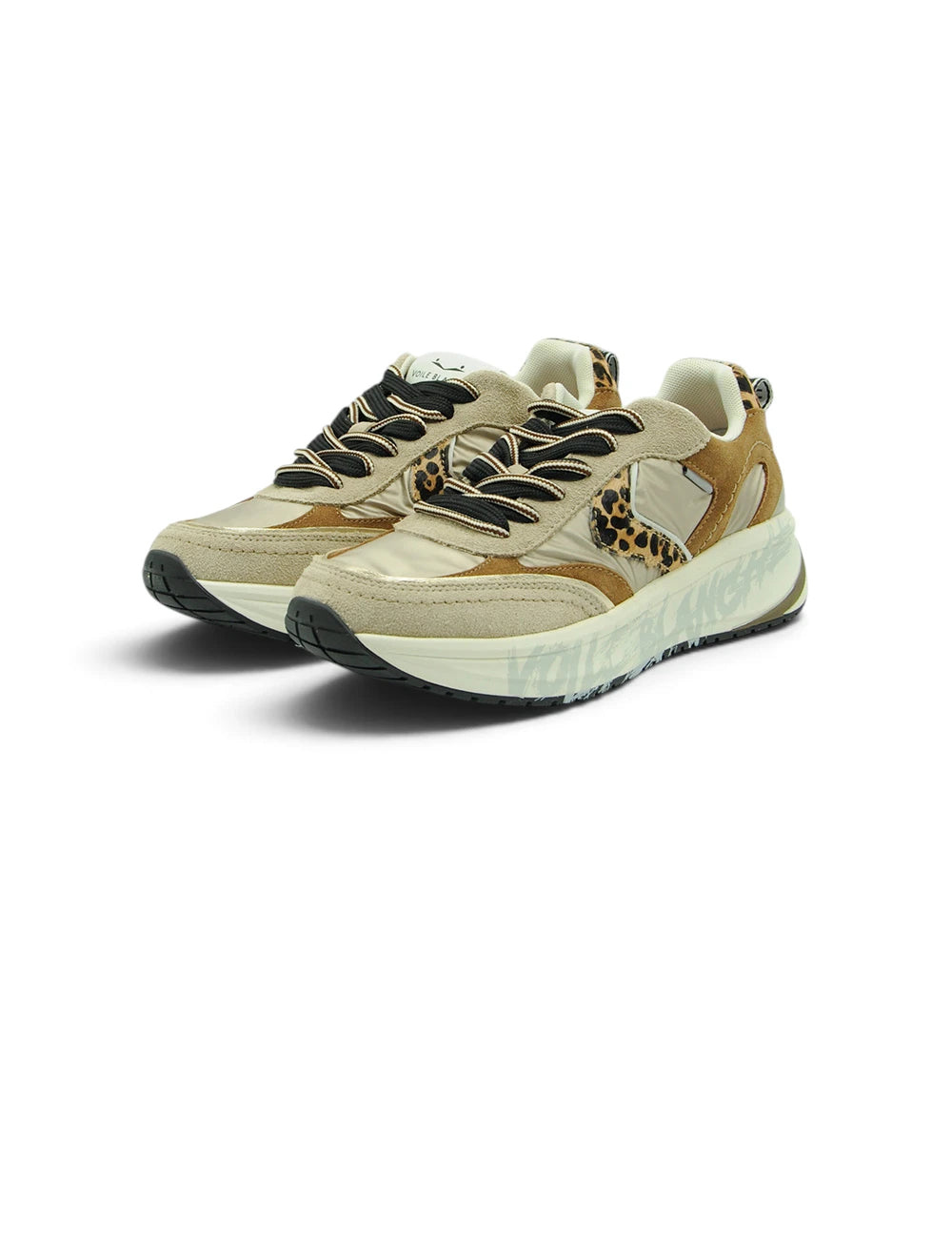 Sneakers voile blanche club124 beige chiaro con stampa leopardata beige e tan suola bianca chunky e lacci neri