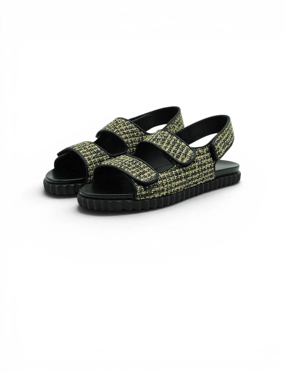 Voile blanche sandalo vissia beige black in tessuto pied de poule nero e verde oliva con cinturini in velcro