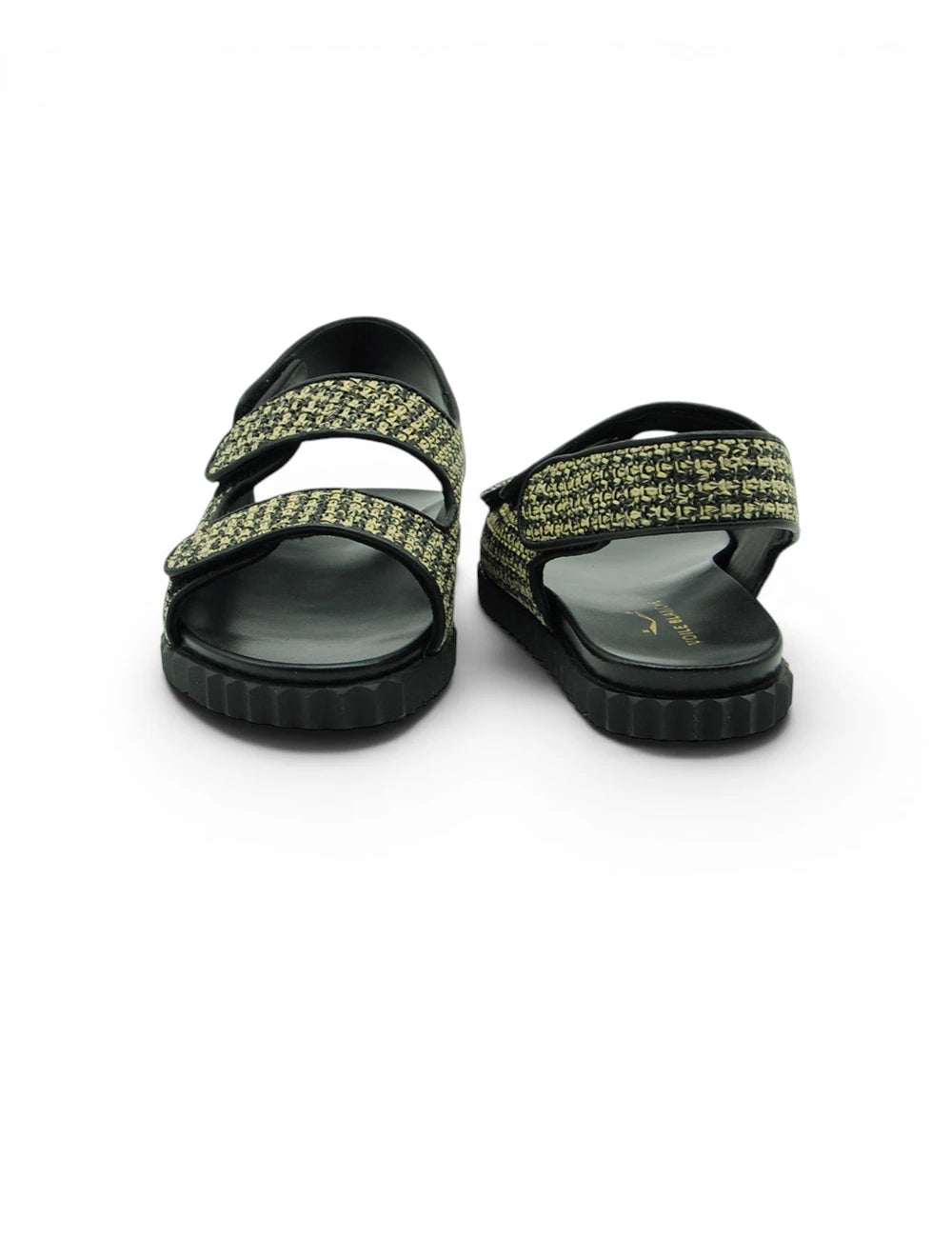 Sandali voile blanche vissia beige nero con doppia fascia larga in tessuto verde oliva e nero texturizzato